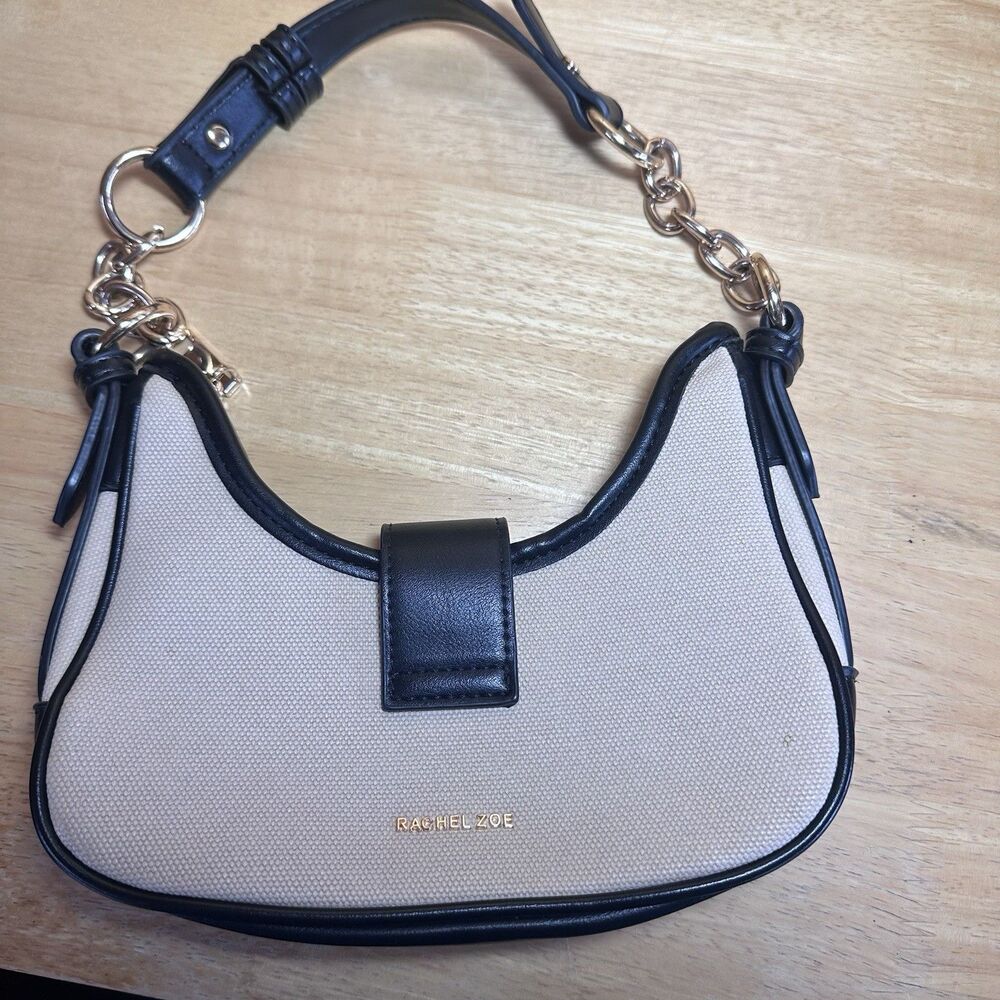 Rachel Zoe Cream Canvas Black Trim Crescent Shoulder Bag Gold Chain